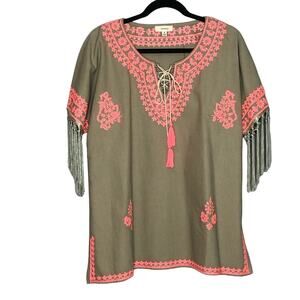 Freeway Tan and Neon Fringe Short Sleeve Linen Tunic Dress Size Small